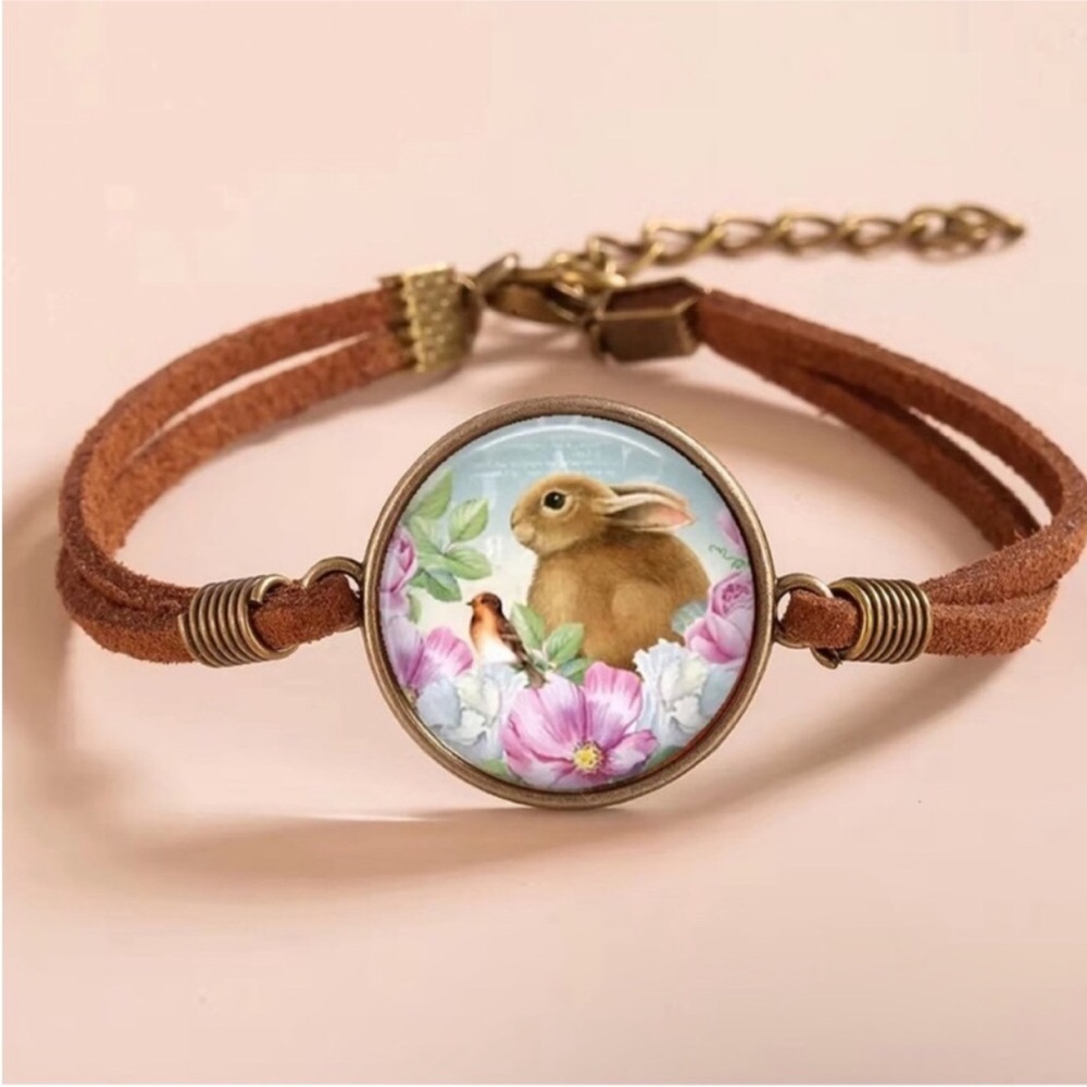 Easter Holiday Bunny Double Layers Faux Suede Flower Bracelet Brown Easter Bunny